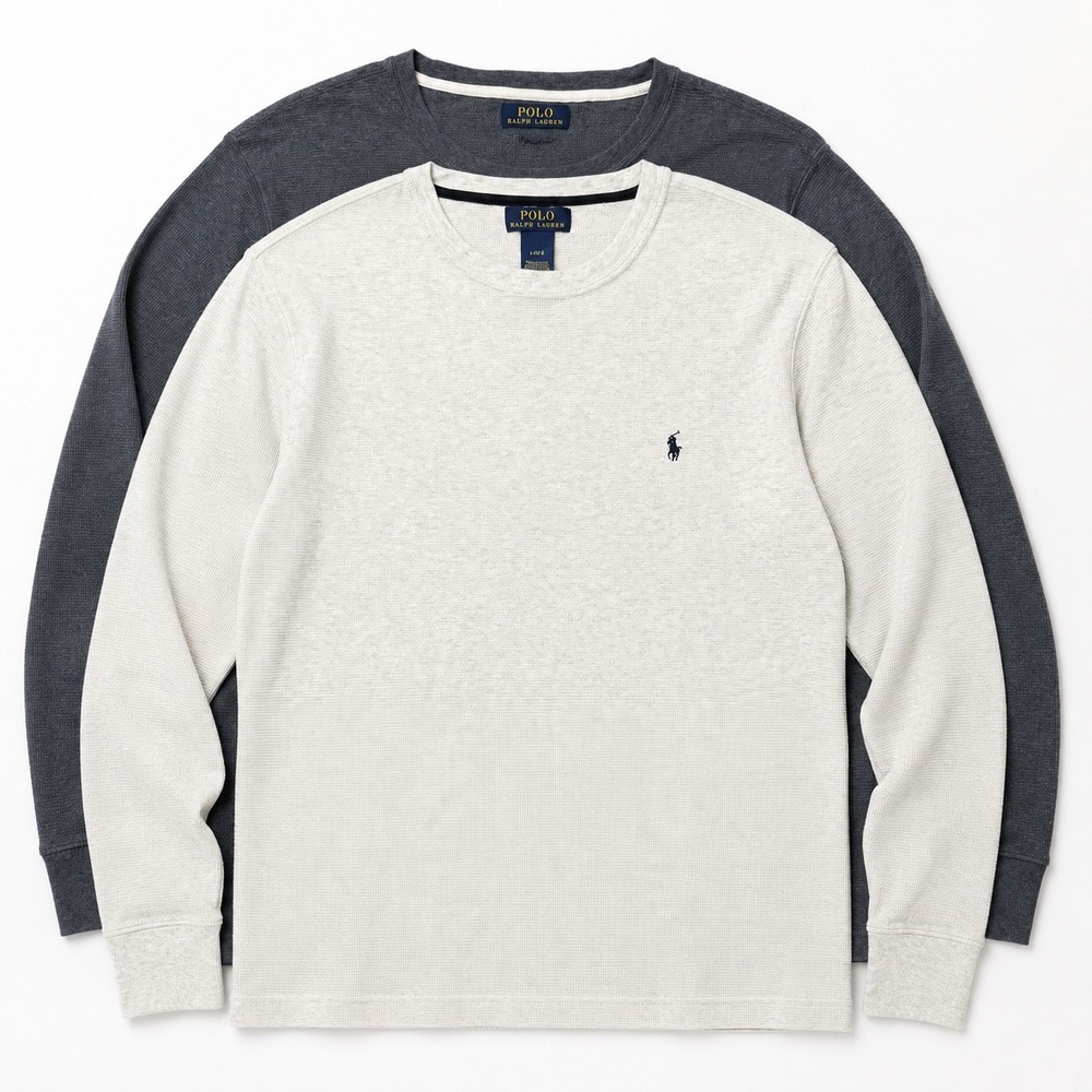 LOT of 2 Polo Ralph Lauren Waffle Knit Thermal Shirt Men L Crew Neck *read